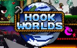 Official cover art showing the game's logo (middle) and its four worlds (clockwise from top left): Curse of the Watcher, Dungeon Gunner, CyberGnome 202X, and Hook Champ 1000
