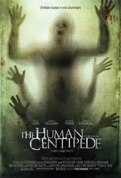Three people on their hands and knees are seen from below, through green-tinted frosted glass. They kneel in a line, with the heads of the second and third individuals obscured by the buttocks of the person directly in front. The first person in the line has an agonised look upon his face. Black, uppercase text at the top of the image reads "Their flesh is his fantasy." At the bottom of the image, white uppercase text displays the names of the leading actors, the film title and production credits.