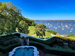 View of pool area and Northport Bay from main house