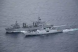 Shivalik undergoing replenishment from HMAS Stalwart during a Malabar exercise.