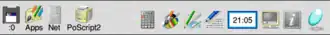 Screenshot of the icon bar under RISC OS 5 showing the following: Left portion, from left – Discs (in this case a single USB flash drive via SCSIFS), Apps folder (Resources:$.Apps), OmniClient (Network Filer), Printers, Right portion, from right – Task Manager, Help, Display Manager, Alarm, Edit, Draw, Paint, SciCalc