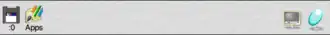 Screenshot of the icon bar under RISC OS 5 showing the following: Left portion, from left – Discs (in this case a single USB flash drive via SCSIFS), Apps folder (Resources:$.Apps), Right portion, from right – Task Manager, Display Manager