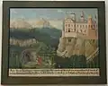 Ida is pushed down from the castle. Picture in the Toggenburg Museum Lichtensteig