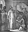 Ivan IV is presented with trophies taken from Devlet Giray by Vorotynsky after the battle. By Boris Chorikov