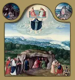 The Assumption of the Virgin, with the Nativity, the Resurrection, the Adoration of the Magi, the Ascension of Christ, Saint Mark and an Angel, and Saint Luke and an Ox, c. 1510–20, oil on panel, 62.28 cm × 58.7 cm (24.52 in × 23.11 in), Philadelphia Museum of Art[5]
