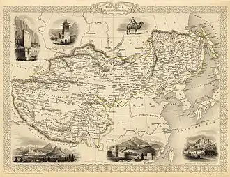 Map of the northern and western part of the Chinese Empire - "Tibet, Mongolia, and Manchuria", from Tallis' atlas of the world (1851)
