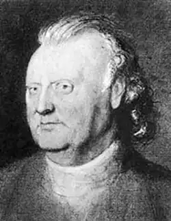 A black and white image of John Landen. In this image he is older, with his hair worn back on the style of the time.