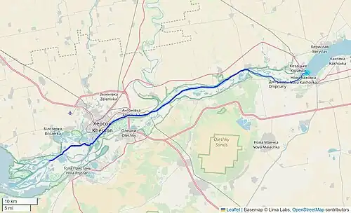 The path of water flowing in the Dnieper River downstream of the Nova Kakhovka dam in Ukraine.