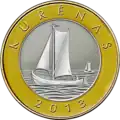 Traditional boat of Curonian Lagoon with weathervane, commemorated on 2 litai coin in 2013