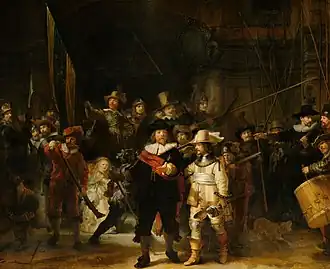 The Night Watch; by Rembrandt; 1642; oil on canvas; 3.63 × 4.37 m; Rijksmuseum (Amsterdam, the Netherlands)[167]