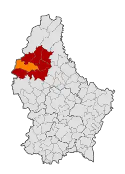 Map of Luxembourg with Lac de la Haute-Sûre highlighted in orange, and the canton in dark red