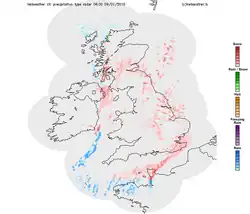 NetWeather[53] radar image showing "lake-effect" snow over Kent and northeast England