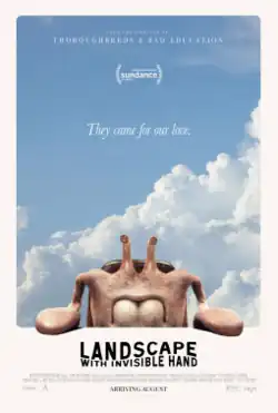 A snail-crab looking alien peers from the white border of the poster, in front of a cloudy blue sky background.