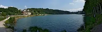 A body of water with greenery and houses in the distance.