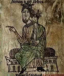 Image 11King Hywel Dda depicted enthroned in a 13th-century manuscript (from History of Wales)