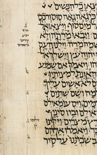 Leningrad Codex text sample, portions of Exodus 15:21–16:3