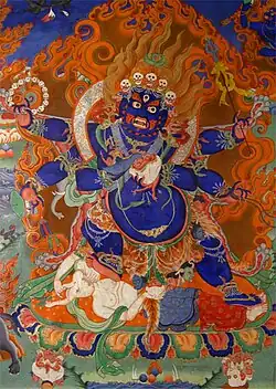 Fancy coloured Buddhist throne under Mahakala, Ladakh