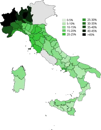 Image 67Literacy rates in Italy in 1861, shortly after the proclamation of the Kingdom of Italy. Italy lacks Lazio and the Triveneto, which were subsequently annexed. (from History of education)