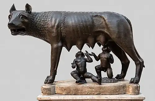 The Capitoline Wolf is a bronze sculpture depicting a scene from the legend of the founding of Rome. The sculpture shows a she-wolf suckling the mythical twin founders of Rome, Romulus and Remus.