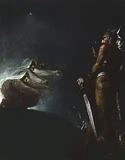 Dark painting showing two figures encountering witch-like creatures