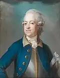 Portrait of Brahe in cuirass and the Uniform m/1756 of the Southern Scanian Cavalry Regiment by Gustaf Lundberg. Wears the bandage of the Coup of Gustav III on the left.