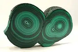 Slice through a double stalactite, from Kolwezi, Democratic Republic of the Congo. Size 5.9 × 3.9 × 0.7 cm.