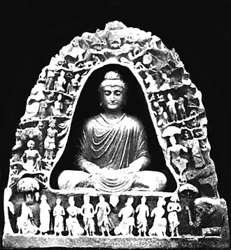 Mamane Dheri Buddha, inscribed with "Year 89" (probably of the Kanishka era), hence 216 CE.[10] Peshawar Museum.