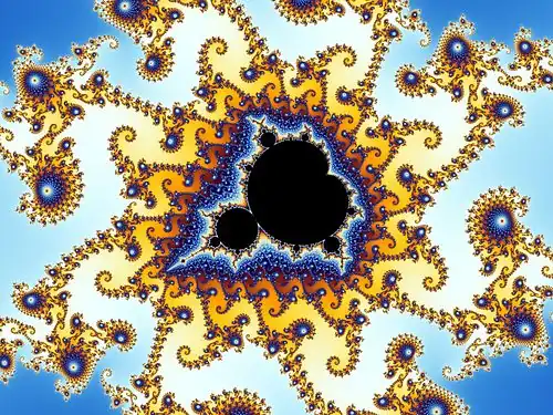 Each of these crowns consists of similar "seahorse tails"; their number increases with powers of 2, a typical phenomenon in the environment of satellites. The unique path to the spiral center passes the satellite from the groove of the cardioid to the top of the "antenna" on the "head".