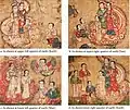 Four salvation-seeking souls shown around the foot of Mount Meru.