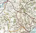 Map of line in 1919, showing sharp curves (grid squares of 2 mi (3.2 km), contours 50 ft (15 m))