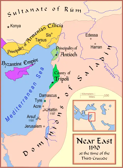 Map presenting Tyre and the regions of Antioch and Tripoli as the last remnants of the crusader states, surrounded by Saladin's empire