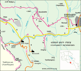 Location of the Areni Church and Noravank.