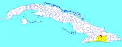 Mella municipality (red) within Santiago Province (yellow) and Cuba