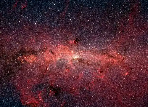 Image 5 Milky Way Photo credit: Spitzer Space Telescope This infrared image shows hundreds of thousands of stars crowded into the swirling core of our spiral Milky Way galaxy. In visible-light pictures, this region cannot be seen at all because cosmic dust lying between Earth and the galactic center blocks our view. More selected pictures