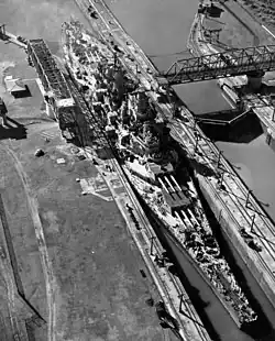 The USS Missouri fitting tightly in a canal lock