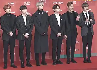 Monsta X in 2019 Left to right: Joohoney, I.M, Hyungwon, Kihyun, Shownu, and Minhyuk