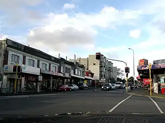 Morningside shops, as seen from the corner of New North Road and Morningside Drive.