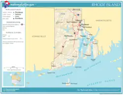 Map of Rhode Island, showing major cities and roads