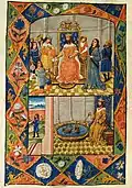 Folio 29v.: (i) Nectanebus enthroned, receiving news of Artaxerxes’ threatened invasion; (ii) Nectanebus in his chamber bewitching Artaxerxes’ fleet in a basin of water.