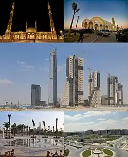 From top, left to right: Al-Fattah al-Aleem Mosque, Cathedral of the Nativity of Christ, view of the central business district, Green River Park & view of the government district
