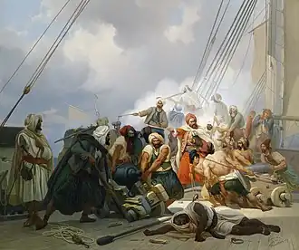 People on board of a ship engaged in combat and moving an artillery piece