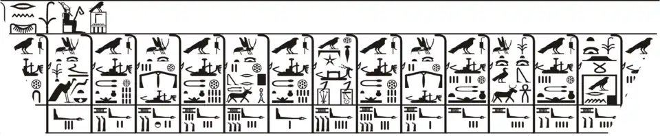 Drawing in black and white of a large section of an inscribed stone slab covered in hieroglyphs organized in vertical registers