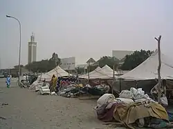 Minaret of Mosque Marocaine and market