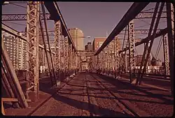 Center lane with railroad tracks visible