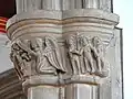 Early 14th-century capital, showing the Angel Gabriel (part of the Annunciation scene) (left), and Adam and Eve between Christ and the Jaws of Hell (right)