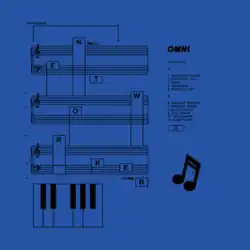 Several music staffs with the letters of the title overlaid in blocks on it against a blue background