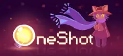 The text "OneShot", with the letter O replaced by a lightbulb, next to a depiction of the main character, Niko