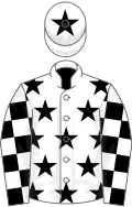 White, Black stars, Black and White check sleeves, White cap, Black star
