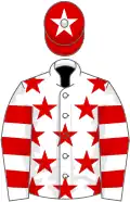 White, red stars, hooped sleeves, red cap, white star