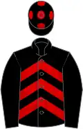 Red and black chevrons, black sleeves, black cap, red spots